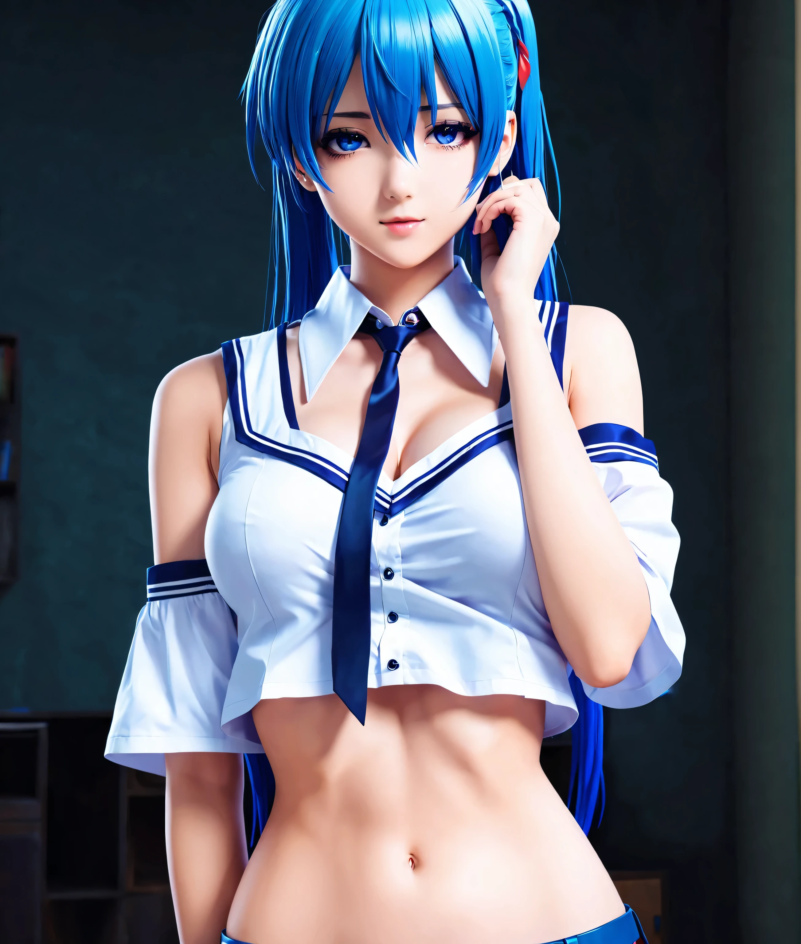 anime girl with blue hair and a blue collared top, gapmoe yandere, gapmoe yandere grimdark, anime moe artstyle, seductive anime girl, yandere, rei hiroe, anime visual of a cute girl, misato katsuragi, yandere. tall, smooth anime cg art, (anime girl), 2 d anime