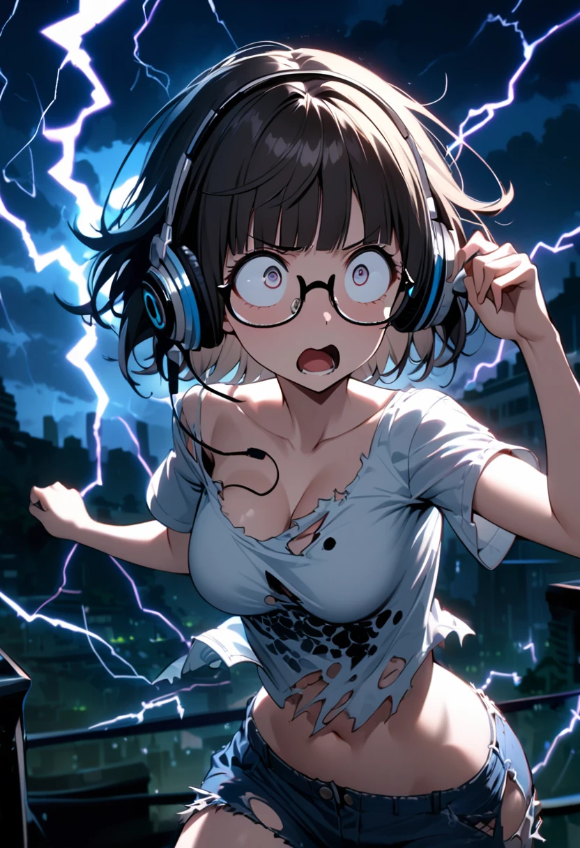 (extremely detailed fine touch:1.3), (((semi-rimless round eyewear:1.3))), (headphone:1.2), short hair, blunt bangs, 1girl, solo, bare arms, from below, glow eyes, Dark rain, wet skin, Dark skin, Dark background