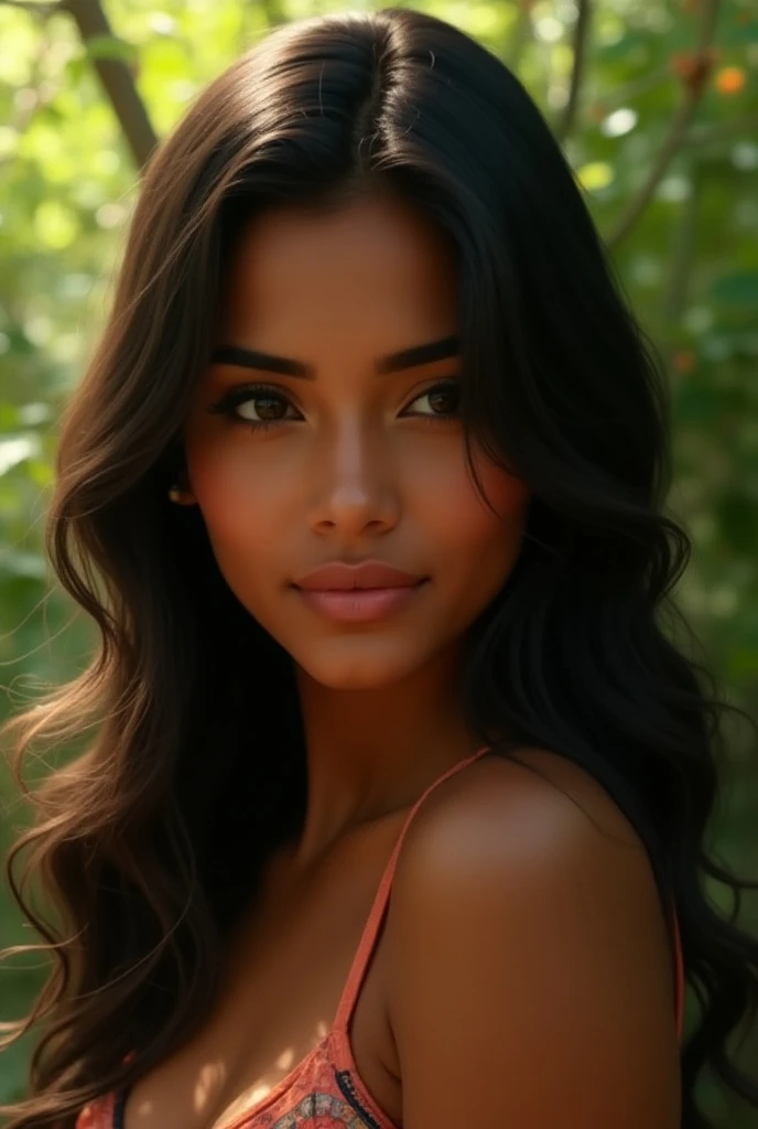 Natural photography of a beautiful girl, wearing a loose crop top, leaning over, long flowing hair, big bust, locks eyes into the camera, symmetrical eyes, symmetrical face, photorealistic, photography, path tracing, specular lighting, volumetric face light, path traced hair, visible shadows, intricate, elaborate