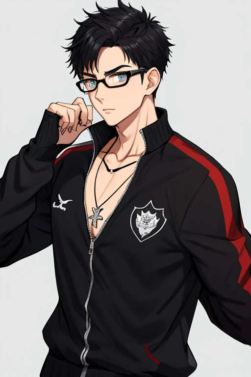 create a male anime character, dark-skinned, with black mohawk hair, with a black jacket and leopard fur on top, shirtless and wearing glasses 