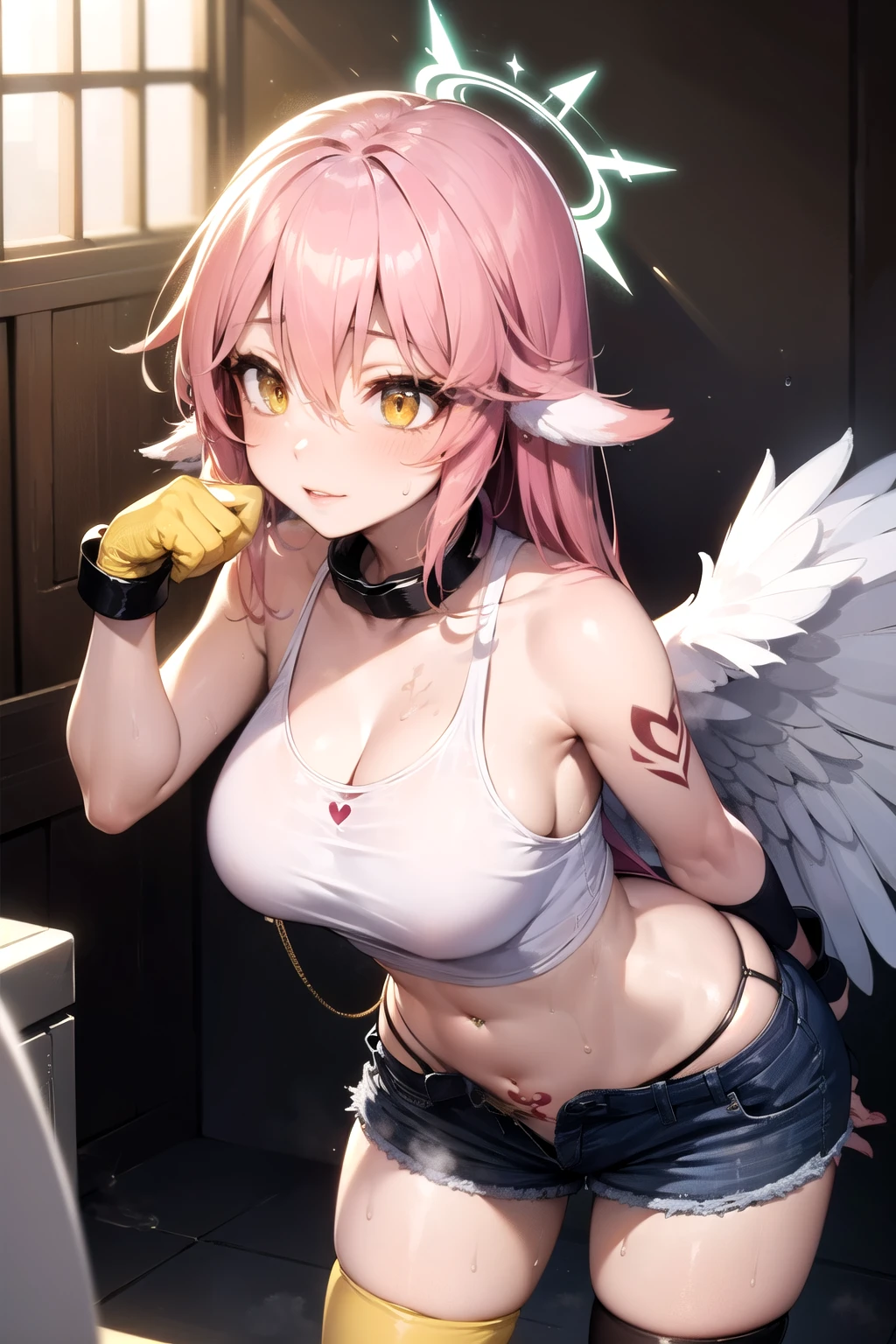 jibril, BREAK jibril, angel, angel wings, collar, animal ears, bird ears, compass rose halo, belly button, feathered wings, feathers, gradient hair, halo, long hair, low wings, multicolored hair, pink hair, symbol-shaped pupils, tattoos, chest tattoos, stomach tattoo, belly tattoo, navel piercing, sides tattoo, a lot of tattoos, breast tattoos, thigh tattoos, tattooed, big breast, bending over, white wings, wing ears, wings, (yellow eyes:1.5), seductive look, seductive smile, Shiny skin, wet, sweaty, sweat, oiled, big breast. Cleavage, clothing. Oil, lotion, slime, slimy. Big breast. Sexy, hot, attractive, alluring.
BREAK thighhighs, long gloves. Fully clothed. Midriff, tank top, short shorts. Sweating, dripping, steam, wet, dripping, hot, beer, pouring drink over body, slimy, slime, orgasmic face.
BREAK (masterpiece:1.2), best quality, high resolution, unity 8k wallpaper, (illustration:0.8), (beautiful detailed eyes:1.6), extremely detailed face, perfect lighting, extremely detailed CG, (perfect hands, perfect anatomy), narrow eyes.