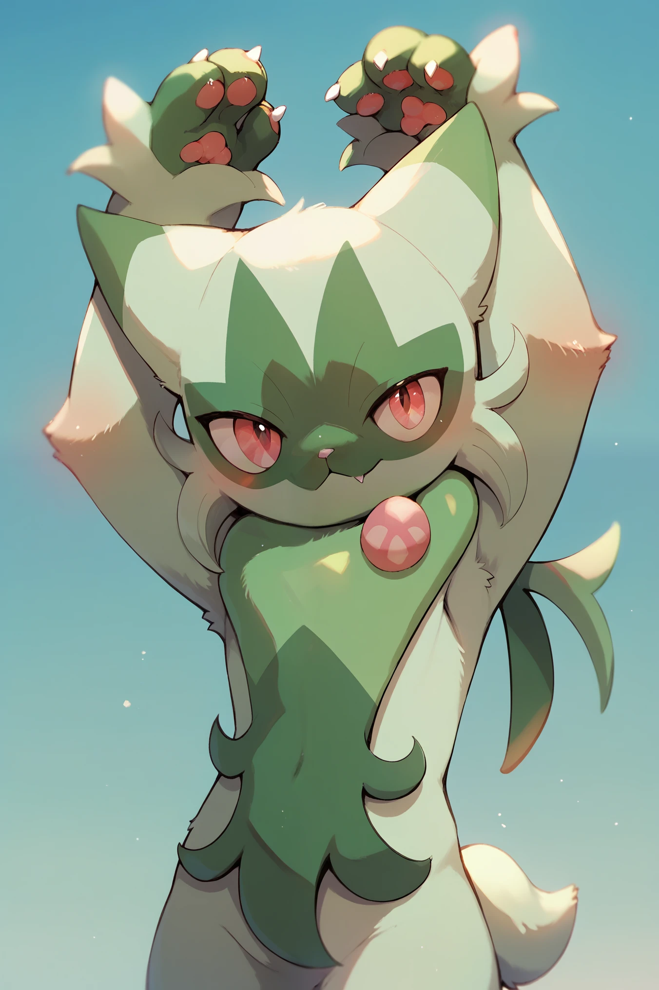 floragato,pokemon,smile,hands up above head,paw pad