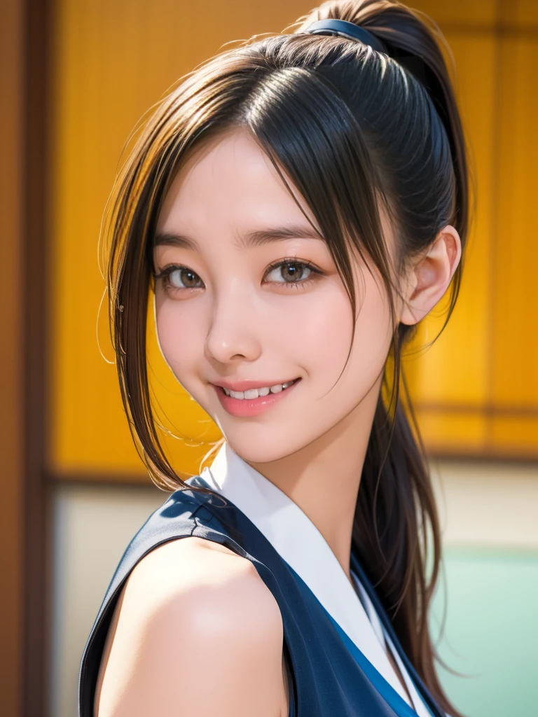  sleeveless,  ponytail, Japanese Girls, 8k, Legal Photography, Best Quality, masterpiece, Realistic, Super photorealistic details, One Girl, cute, The best smile,  beautiful eyes, Long Hair, Perfect Facial Features,