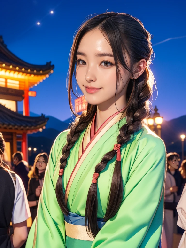  K-pop idol : 1.2, Mix 4, 1 korean girl, , (Thin eyebrows: 1.4), Shiny brown eyes, Bunbashira, Two braids tied together, Ancient city, Chinese temples, High Mountain, Beautiful sky detail, street (crowd:1.2), night, (Nose blush), Hanfu, happy, smile