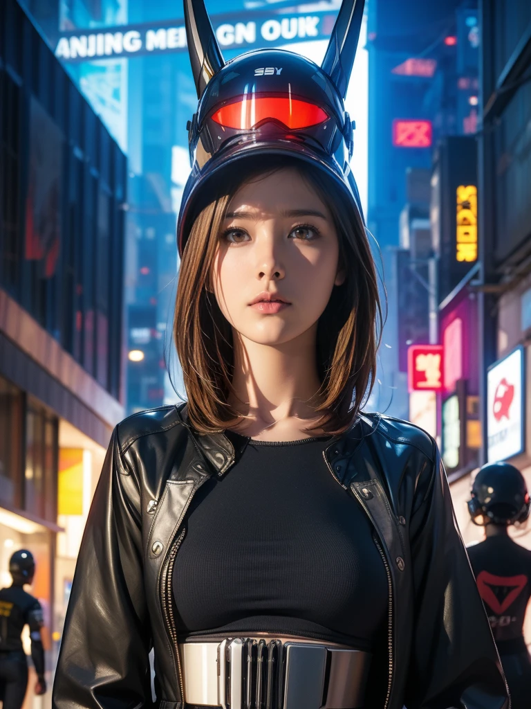 A woman wearing a helmet stands in front of a group of mannequins, Cyberpunk Art by Jim Barnes, CGSociety,  retrofuturism , DAZZ 3D, PS1 Graphics, Dystopian Art