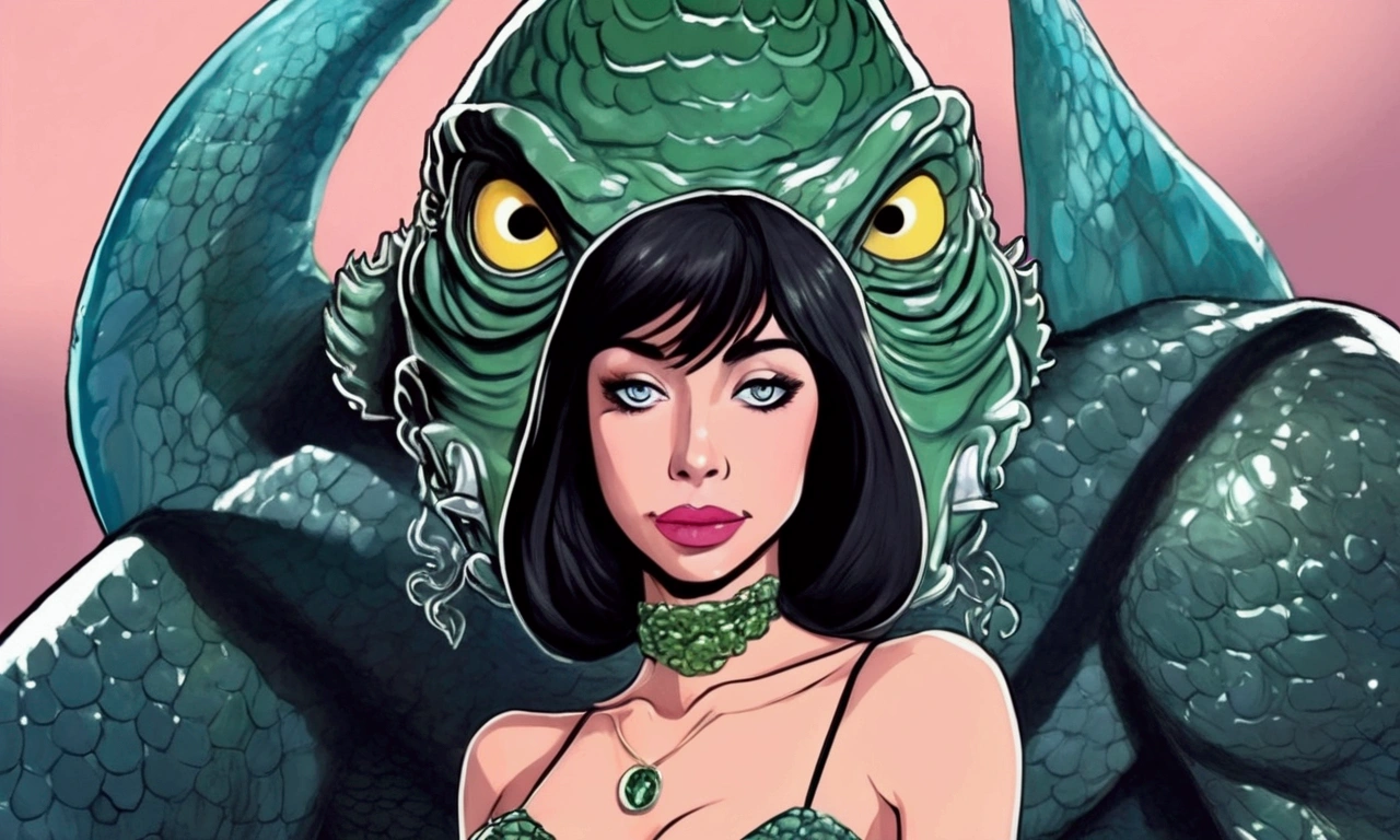 (masterpiece, top quality, best quality, official art, beautiful and aesthetic:1.2), (1girl:1.3), dark brown hair in a single ponytail, extremely detailed, portrait, looking at viewer, solo, (full body:0.6), detailed background, close up, gold eyes, (cool space ship theme:1.1), (((green skin, reptilian, scaly skin))), shapeshifter, shapeshifting, (((morphing))), charlatan, smirk, mysterious, walking on a spaceship, revealing jumpsuit, black leather, long boots, buckles, straps, pouches, collar, sleeveless, black latex, ((((gigantic breasts, cleavage, skindentation)))), slim waist, slim hips, long legs, futuristic (starship interior:1.1) background, dark mysterious lighting, shadows, magical atmosphere, dutch angle