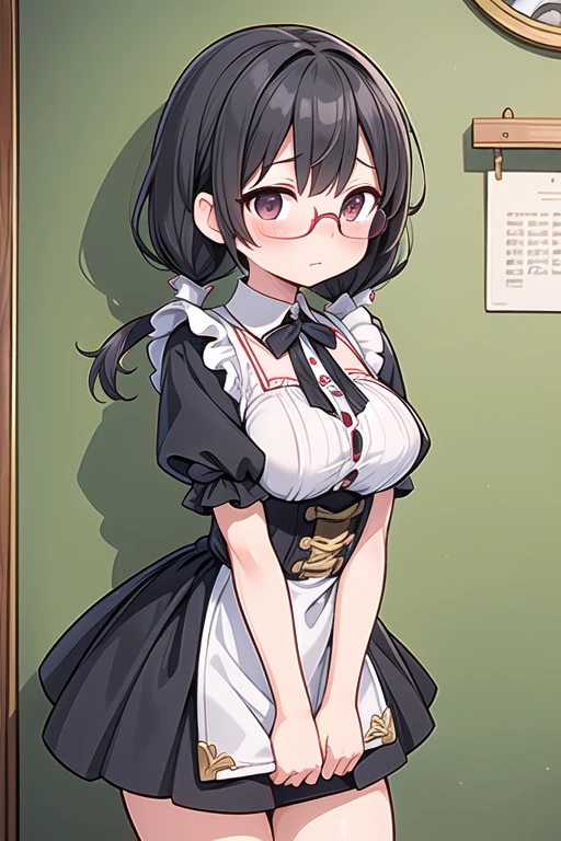 1 Cute naughty peasant girl, Pastel colors hair, medium breasts, Thighs, black hair, short hair, (low twintails), glasses, standard height, (anxious face:1,2、blush:1.2, quiet personality:1.2, shy), (naked), at the adventurer's guild, A bulletin board with posted paper