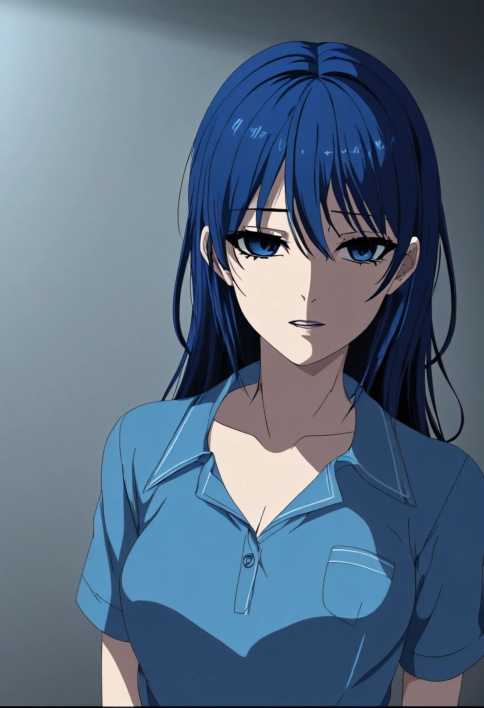 anime girl with blue hair and a blue collared top, gapmoe yandere, gapmoe yandere grimdark, anime moe artstyle, seductive anime girl, yandere, rei hiroe, anime visual of a cute girl, misato katsuragi, yandere. tall, smooth anime cg art, (anime girl), 2 d anime