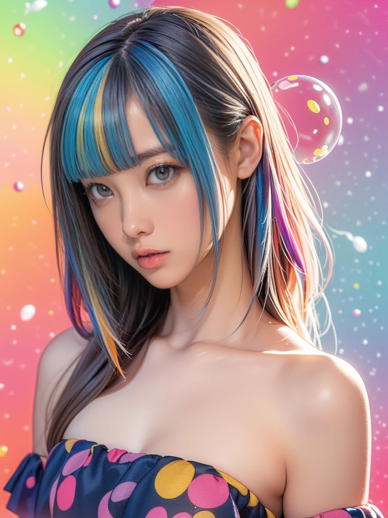 (((masterpiece))),(((Best Quality))),((Super detailed)),(figure),(Dynamic Angle), ((floating)),(paint),((Messy Hair)), (Alone),( 1 girl), ((small_chest)), ((( Detailed Anima Faces ))),(( beautiful detailed face )), color,Bare shoulders,  Gray Hair, ((Colorful Hair)),((Streaky Hair)),  Beautiful detailed eyes ,(グラデーション colorの目),(((Colorful eyes))), (((Colorful background))),(((High saturation))),(((Surrounded by colorful splashes))),(((Surrounded by colorful dots ))), Colorful Bubbles ,((The Shining))