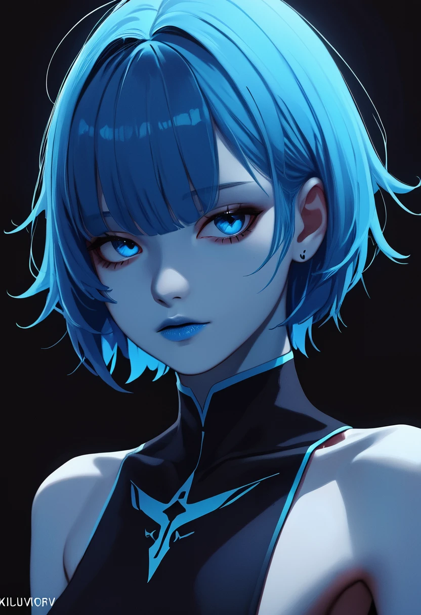 anime girl with blue hair and blue eyes in a black background, a character portrait by Ilya Kuvshinov, trending on pixiv, shin hanga, sayori, kuvshinov ilya, ilya kuvshinov face, girl with blue hair, illya kuvshinov, blue aura, kuvshinov, with blue skin