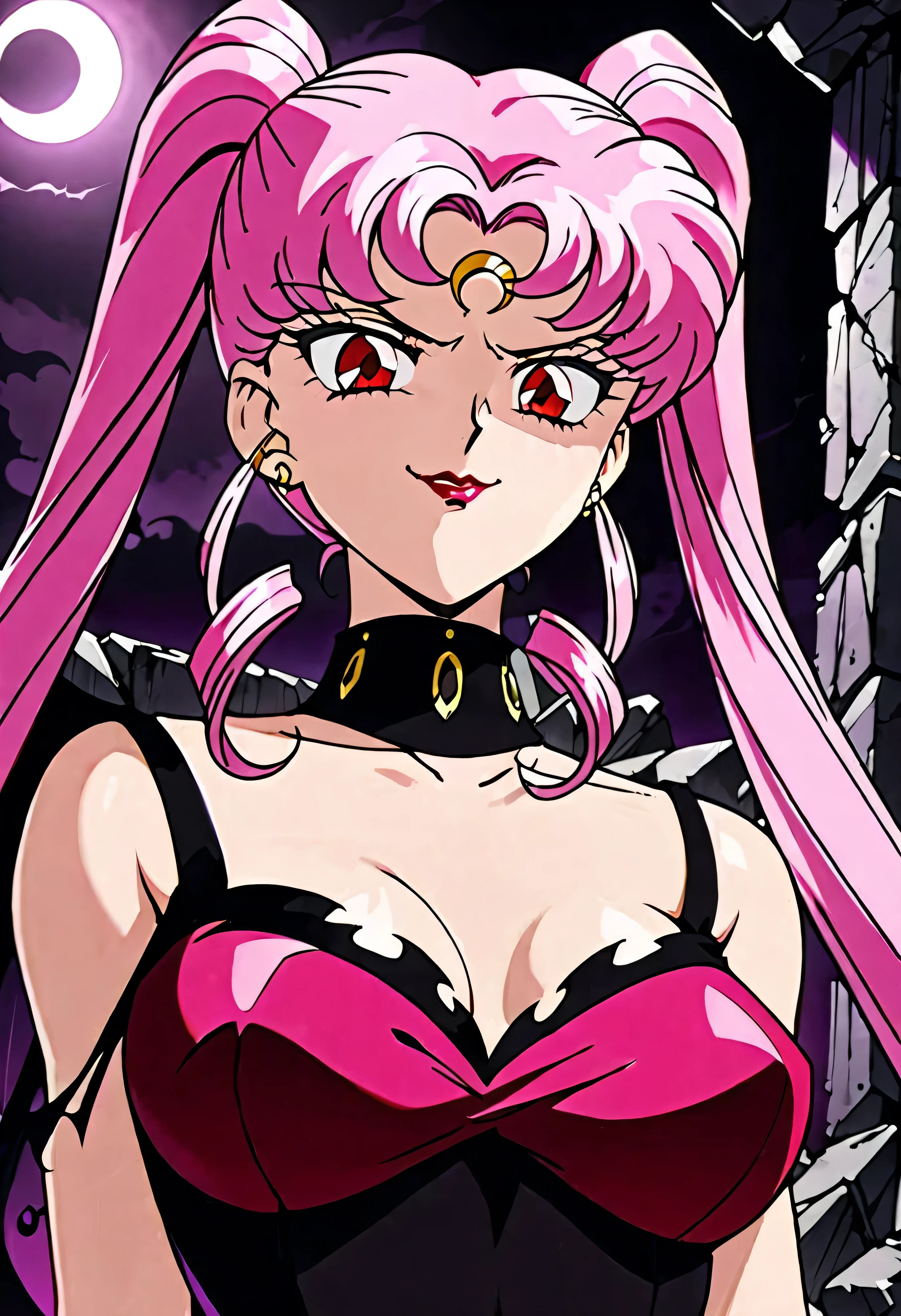 Wicked Lady from Sailor Moon, Pink Hair, Red eyes, , Black crescent moon mark on forehead, very evil smirk,beautiful body,shaded face(eyes in  shadow),((masterpiece,best quality)), absurd,black dress,upper body,beautiful face,,looking down at viewer,twintail,,Sadistic ridicule,look down,looking down at viewer,evil darkness ,ruins、rubble,purple light,