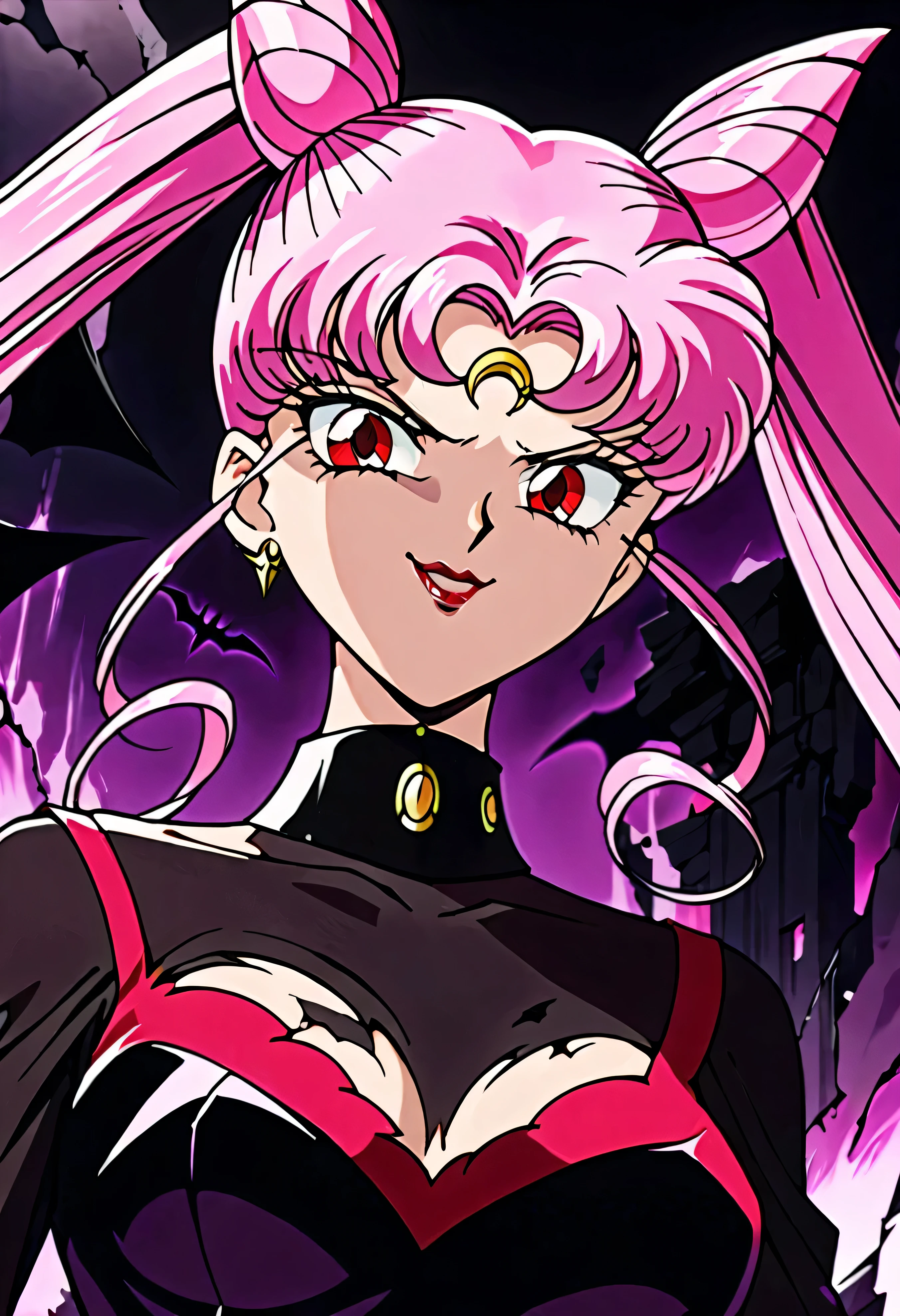 Wicked Lady from Sailor Moon, Pink Hair, Red eyes, , Black crescent moon mark on forehead, very evil smirk,beautiful body,shaded face(eyes in  evil shadow),((masterpiece,best quality)), absurd,black dress,upper body,beautiful face,,looking down at viewer,twintail,,Sadistic ridicule,look down,looking down at viewer,evil darkness ,ruins、rubble,purple light,