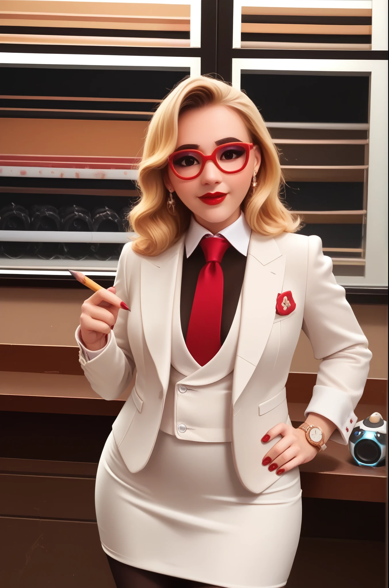 score_9, score_8_up, score_7_up, 1girl, sprinkles mei, mei (overwatch),  three-piece suit, 1girl, solo, blonde hair, glasses, sprinkles mei, smile, pretty, formal, jewelry, white skirt suit, red silk necktie, earrings, jacket, shirt, standing, hand on hip, window, black eyes, watch, jacket, wristwatch, white shirt with white collar, red lips, skirt, (((bodycon pencil skirt))), makeup, black pantyhose, cufflinks, black lapel trim, red nails, fully clothed, red lipstick,   in a 50´s restaurant,