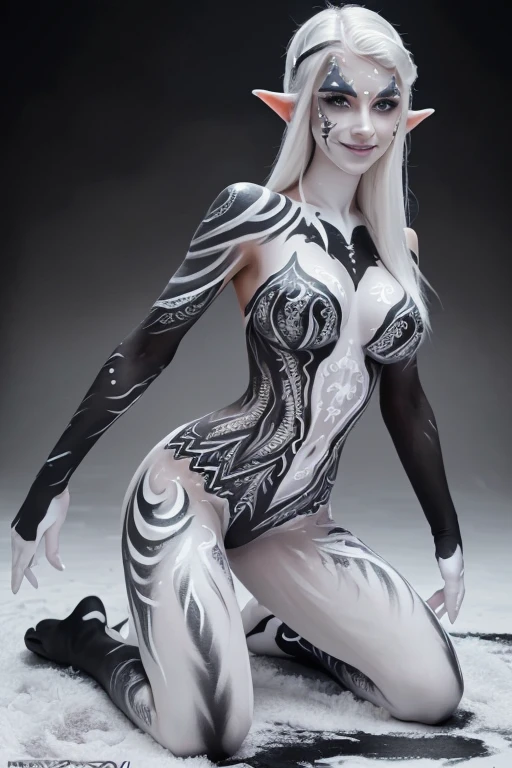 (SFW:1.3), High quality, Elf, (Full body white body paint:1.5), (Black gradient paint towards the tip of the arms and legs:1.3), White body paint, White makes up, (Black and gray leaver lace pattern body paint:1.4), Photorealistic, Bat feathers, silver hair, large breasts, realistic, kneeling, smile, blue eyes, bikini