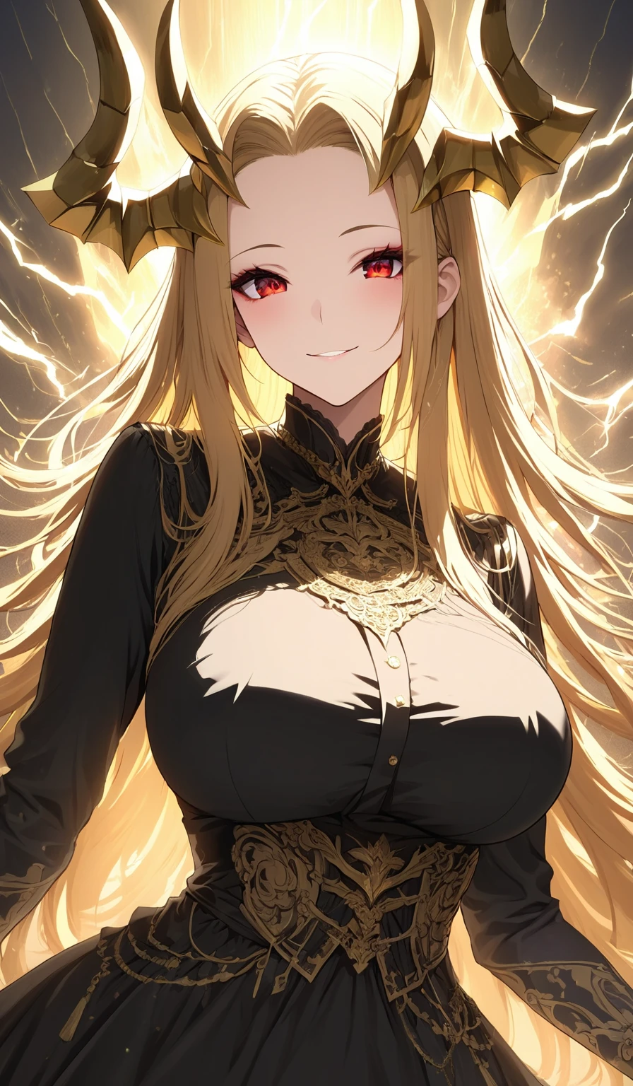 Masterpiece, very detailed, ultra detailed, one, (1 woman), She is wearing a royal sick black dress with gold details, long hair, straight hair, bright gold hair and sides parting, golden demonic horns, beautiful, bright red eyes, elegant, big breasts (huge), innocent smile, cunning smile, charming, against the background of golden thunderstorms and gold lightning.