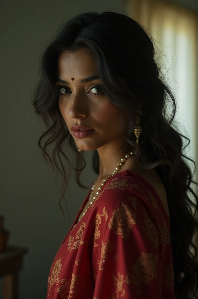 A beautiful Indian woman with thick braided long black hair, (pale white skin tone), wearing a red and saree, dynamic action , angry face,black hairs, standing in a mystical background, highly detailed, hyper realistic, 8K, dramatic lighting, cinematic, fantasy, magic, witch, Wanda Maximoff, cosplay, masterpiece, ultra-detailed, photorealistic, vivid colors, HDR, professional, cinematic lighting, dramatic pose, intricate costume details, flowing fabric, intense expression, magical energy, red energy aura, dark moody atmosphere, dramatic shadows, powerful, mesmerizing, captivating, ahsaas, 1girl, thunder storm from eyes, anupama , busty, cleavage