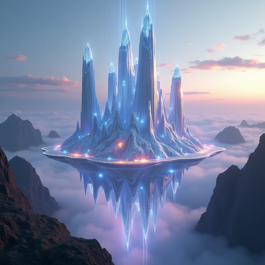 a crystal citadel, futuristic sci-fi cityscape, floating crystal skyscrapers, crystalline architecture, holographic glass facades, hovering crystal metropolis, Laputa-style floating city, aerial drone footage, glowing skyline, crystal fortress, utopian metropolis, ultramodern cityscape, hyper-detailed, photorealistic, 8K, hyper-realistic, cinematic lighting, volumetric fog, dramatic composition, dynamic angles, mesmerizing colors, bioluminescent accents, ethereal atmosphere, surreal and dreamlike, highly imaginative, intricate details, sublime beauty