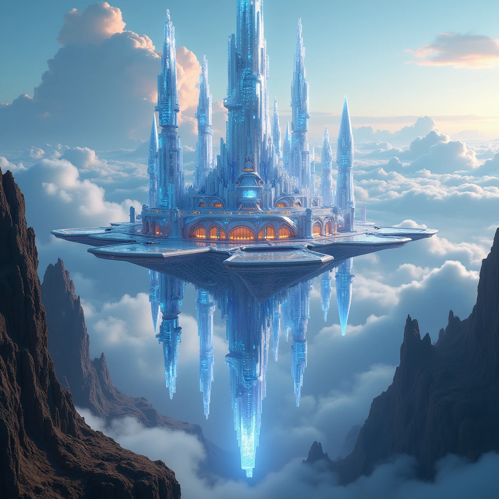 a crystal citadel, futuristic sci-fi cityscape, floating crystal skyscrapers, crystalline architecture, holographic glass facades, hovering crystal metropolis, Laputa-style floating city, aerial drone footage, glowing skyline, crystal fortress, utopian metropolis, ultramodern cityscape, hyper-detailed, photorealistic, 8K, hyper-realistic, cinematic lighting, volumetric fog, dramatic composition, dynamic angles, mesmerizing colors, bioluminescent accents, ethereal atmosphere, surreal and dreamlike, highly imaginative, intricate details, sublime beauty