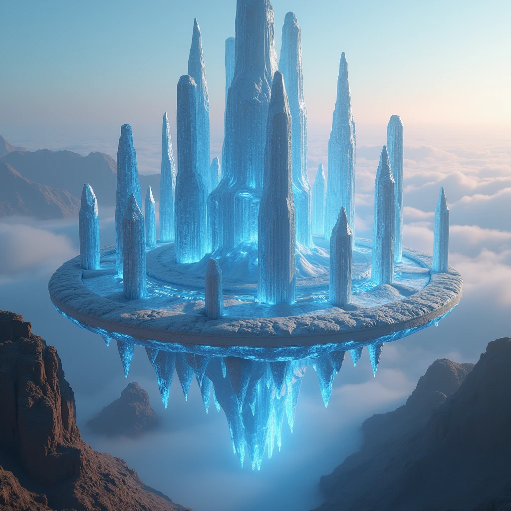 a crystal citadel, futuristic sci-fi cityscape, floating crystal skyscrapers, crystalline architecture, holographic glass facades, hovering crystal metropolis, Laputa-style floating city, aerial drone footage, glowing skyline, crystal fortress, utopian metropolis, ultramodern cityscape, hyper-detailed, photorealistic, 8K, hyper-realistic, cinematic lighting, volumetric fog, dramatic composition, dynamic angles, mesmerizing colors, bioluminescent accents, ethereal atmosphere, surreal and dreamlike, highly imaginative, intricate details, sublime beauty