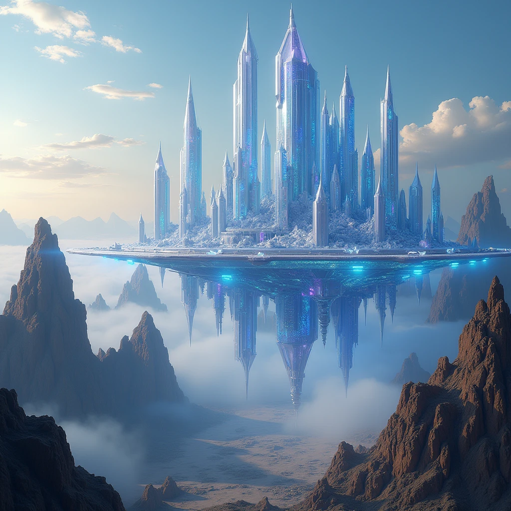 a crystal citadel, futuristic sci-fi cityscape, floating crystal skyscrapers, crystalline architecture, holographic glass facades, hovering crystal metropolis, Laputa-style floating city, aerial drone footage, glowing skyline, crystal fortress, utopian metropolis, ultramodern cityscape, hyper-detailed, photorealistic, 8K, hyper-realistic, cinematic lighting, volumetric fog, dramatic composition, dynamic angles, mesmerizing colors, bioluminescent accents, ethereal atmosphere, surreal and dreamlike, highly imaginative, intricate details, sublime beauty