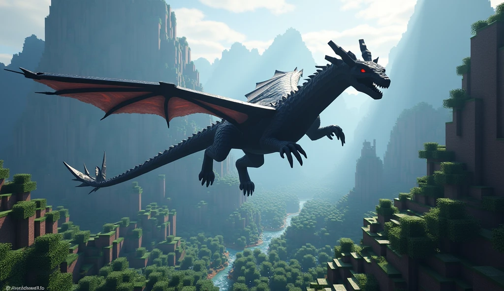 a magnificent and majestic dragon flying in a beautiful Minecraft landscape, detailed dragon scales, intricate wing structures, powerful claws, iridescent colors, dramatic lighting, volumetric clouds, lush vegetation, photorealistic, cinematic composition, epic fantasy, vibrant colors
