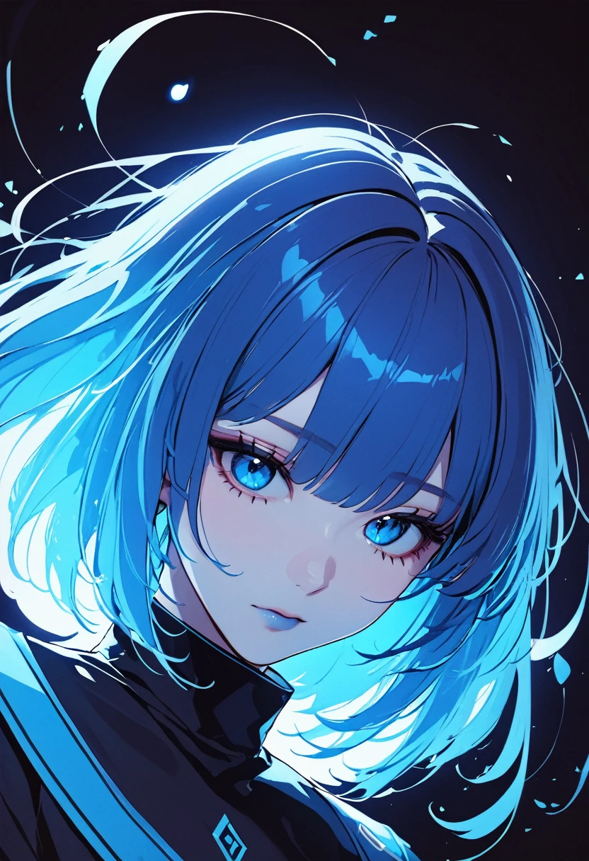 1girl, (masterpiece:1.2), colorful, vibrant color enviroment, colorful things around, floating, best quality, beautiful, vibrant abstract particle, absurdres, anime girl with blue hair and blue eyes in a black background, a character portrait by Ilya Kuvshinov, trending on pixiv, shin hanga, sayori, kuvshinov ilya, ilya kuvshinov face, girl with blue hair, illya kuvshinov, blue aura, kuvshinov, with blue skin