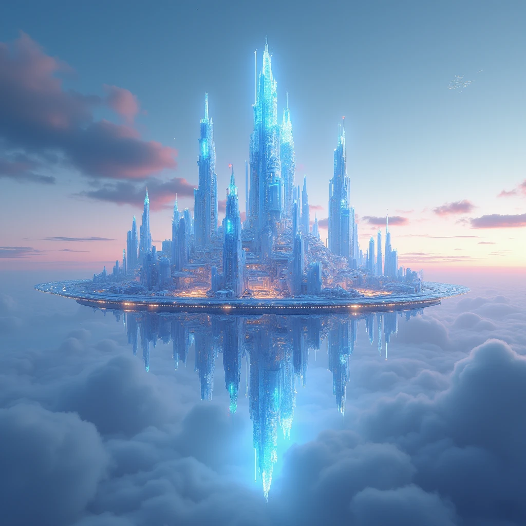 a crystal citadel, futuristic sci-fi cityscape, floating crystal skyscrapers, crystalline architecture, holographic glass facades, hovering crystal metropolis, Laputa-style floating city, aerial drone footage, glowing skyline, crystal fortress, utopian metropolis, ultramodern cityscape, hyper-detailed, photorealistic, 8K, hyper-realistic, cinematic lighting, volumetric fog, dramatic composition, dynamic angles, mesmerizing colors, bioluminescent accents, ethereal atmosphere, surreal and dreamlike, highly imaginative, intricate details, sublime beauty