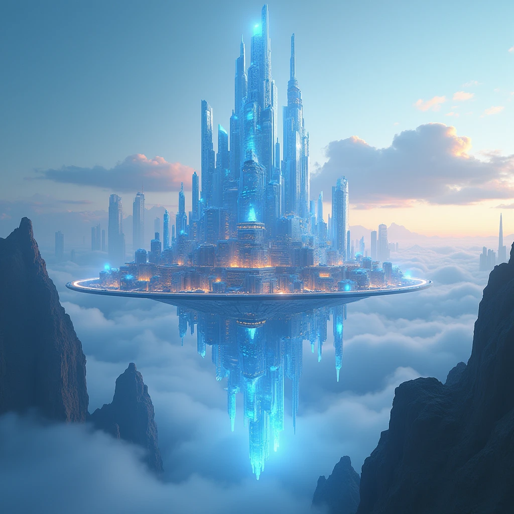 a crystal citadel, futuristic sci-fi cityscape, floating crystal skyscrapers, crystalline architecture, holographic glass facades, hovering crystal metropolis, Laputa-style floating city, aerial drone footage, glowing skyline, crystal fortress, utopian metropolis, ultramodern cityscape, hyper-detailed, photorealistic, 8K, hyper-realistic, cinematic lighting, volumetric fog, dramatic composition, dynamic angles, mesmerizing colors, bioluminescent accents, ethereal atmosphere, surreal and dreamlike, highly imaginative, intricate details, sublime beauty