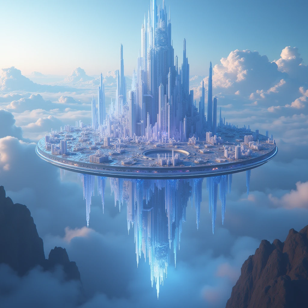 a crystal citadel, futuristic sci-fi cityscape, floating crystal skyscrapers, crystalline architecture, holographic glass facades, hovering crystal metropolis, Laputa-style floating city, aerial drone footage, glowing skyline, crystal fortress, utopian metropolis, ultramodern cityscape, hyper-detailed, photorealistic, 8K, hyper-realistic, cinematic lighting, volumetric fog, dramatic composition, dynamic angles, mesmerizing colors, bioluminescent accents, ethereal atmosphere, surreal and dreamlike, highly imaginative, intricate details, sublime beauty