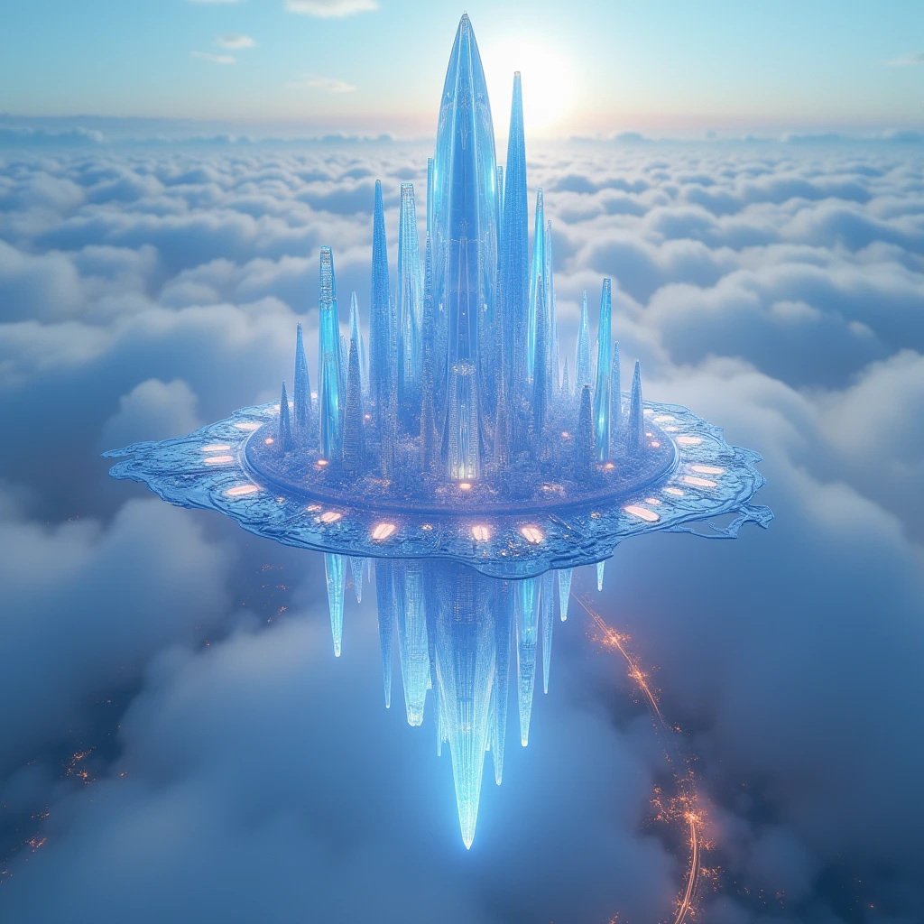 a crystal citadel, futuristic sci-fi cityscape, floating crystal skyscrapers, crystalline architecture, holographic glass facades, hovering crystal metropolis, Laputa-style floating city, aerial drone footage, glowing skyline, crystal fortress, utopian metropolis, ultramodern cityscape, hyper-detailed, photorealistic, 8K, hyper-realistic, cinematic lighting, volumetric fog, dramatic composition, dynamic angles, mesmerizing colors, bioluminescent accents, ethereal atmosphere, surreal and dreamlike, highly imaginative, intricate details, sublime beauty