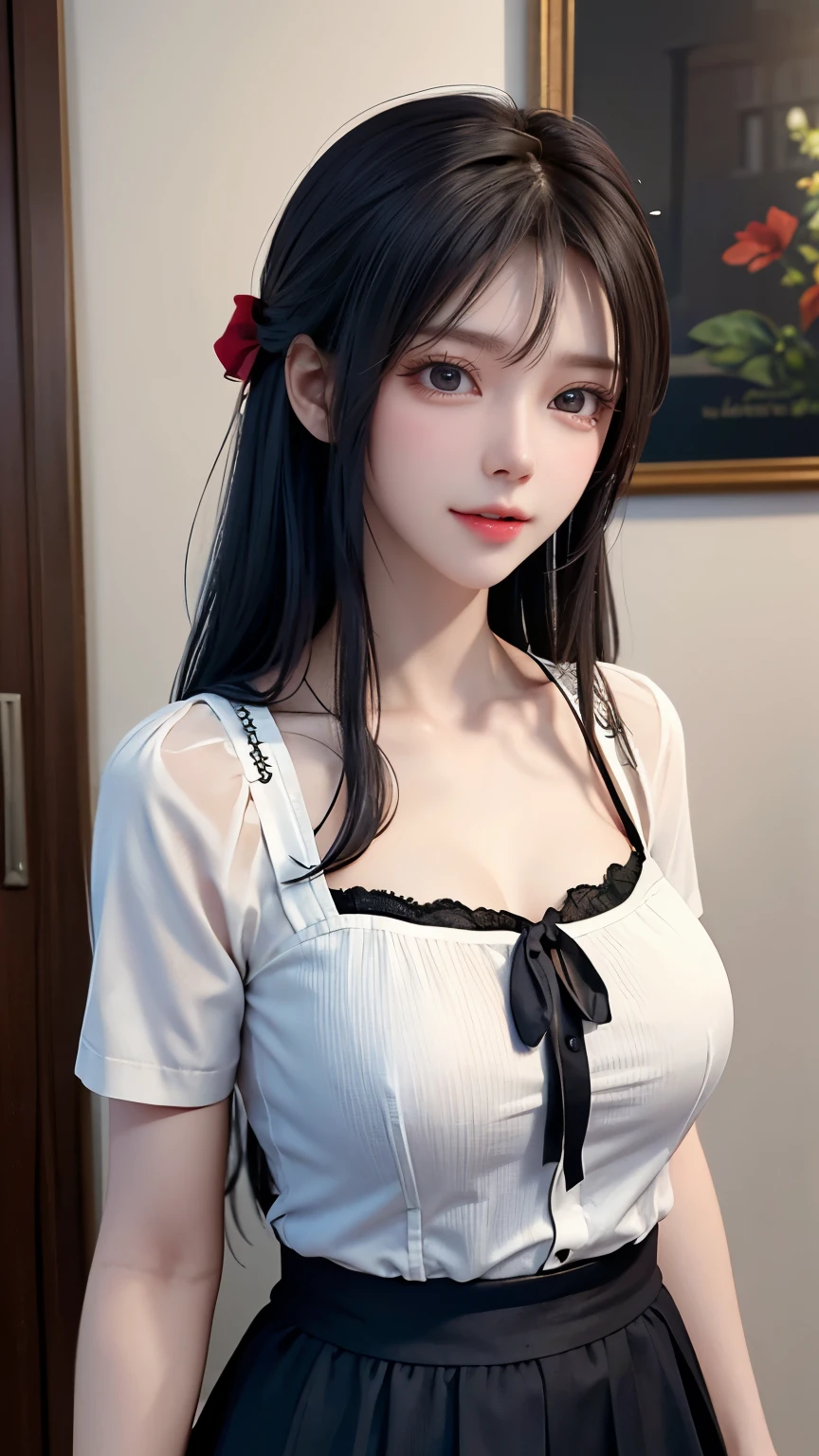 (8K、Raw photo:1.2)、Detailed face and eyes、最high quality、Ultra-high resolution、Very detailed、Intricate detailasterpiece、Cute Woman、Soft cinematic light、Hyper Detail、high quality、Black Hair、Short Hair、22 year old Japanese、Detailed drawn eyes、Very beautiful eyeedium chest:1.2)、(arms behind back:1.3)、Frilly babydoll and matching shorts