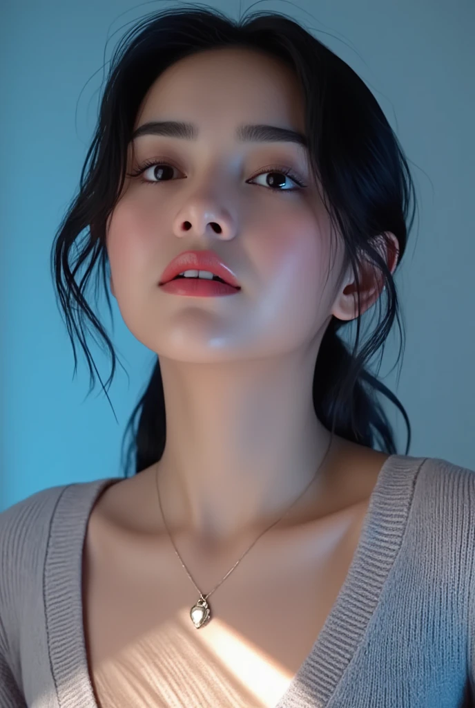 A masterpiece of digital art, rendered in stunning 4K resolution, features a breathtakingly beautiful girl posing serenely. Her face glows with a subtle sheen, her eyes sparkling like polished gemstones. She wears a fitted sweater that hugs her curves, the intricate folds and texture meticulously detailed. A delicate necklace adorns her neck, its facets catching the dramatic lighting, which casts a warm glow on her porcelain skin. The background is a soft, gradient blue, subtly blending into the edges of the frame. Every aspect of this artwork exudes ultra-detailed realism, with vibrant colors that seem to leap off the screen.