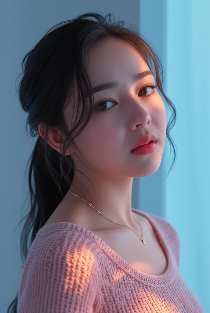 A masterpiece of digital art, rendered in stunning 4K resolution, features a breathtakingly beautiful girl posing serenely. Her face glows with a subtle sheen, her eyes sparkling like polished gemstones. She wears a fitted sweater that hugs her curves, the intricate folds and texture meticulously detailed. A delicate necklace adorns her neck, its facets catching the dramatic lighting, which casts a warm glow on her porcelain skin. The background is a soft, gradient blue, subtly blending into the edges of the frame. Every aspect of this artwork exudes ultra-detailed realism, with vibrant colors that seem to leap off the screen.