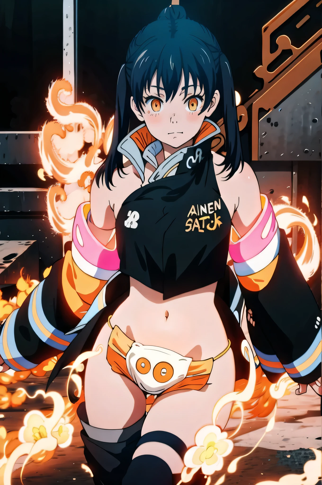 Tamaki Kotatsu Twintails Black Hair Long Hair Bangs Light Pink Orange Eyes Black Hoodie Black Jacket Black Shirt Black Sweater Navel Slight Smile Show Navel (Masterpiece:1.2) High Definition Best Quality 8k Very Clear