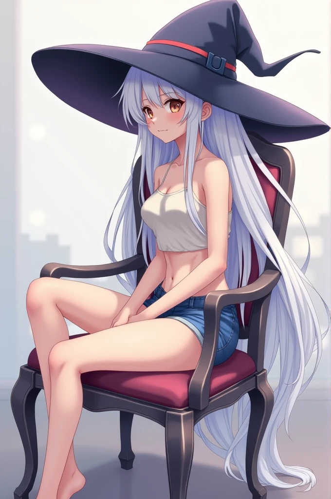 realistically, longhair, silver hair, brown eyes, glowing eyes, white short skirt, super shot skirt, Blush, daytime, Wet from the rain, see through, sleeveless shirt, nipples, M leg, pussy, crotch, very young, sweet smile, Sit with your knees raised., windy, elaina, the skirt is turned up, hand pulled skirt up, masterpiece, highest quality, very High resolution, (detailed and beautiful eyes), highly detailed face, perfect lighting, Very detailed CG, (perfect hands, perfect anatomy), witch