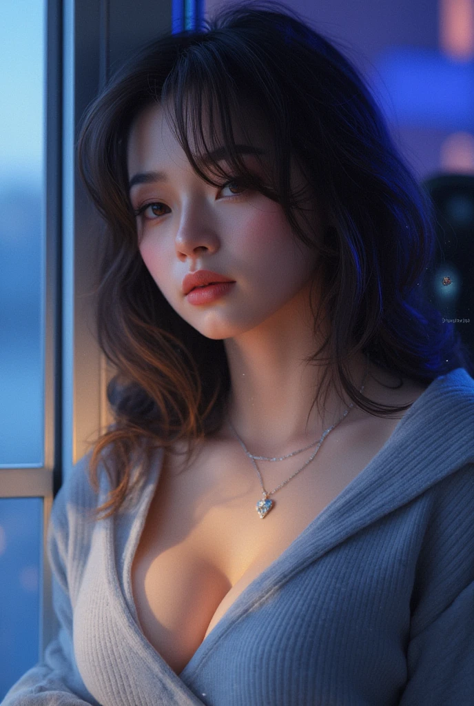 A masterpiece of digital art, rendered in stunning 4K resolution, features a breathtakingly beautiful girl posing serenely. Her face glows with a subtle sheen, her eyes sparkling like polished gemstones. She wears a fitted sweater that hugs her curves, the intricate folds and texture meticulously detailed. A delicate necklace adorns her neck, its facets catching the dramatic lighting, which casts a warm glow on her porcelain skin. The background is a soft, gradient blue, subtly blending into the edges of the frame. Every aspect of this artwork exudes ultra-detailed realism, with vibrant colors that seem to leap off the screen.