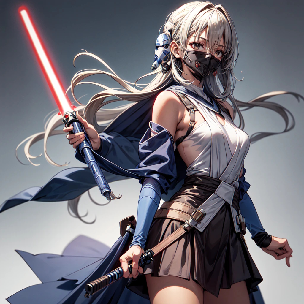  1 girl, Jedi Master holding a lightsaber, Long Skirt,Dark brown skin,Small breasts,solo, STAR WARS,accurate,  anatomically correct , mask, 