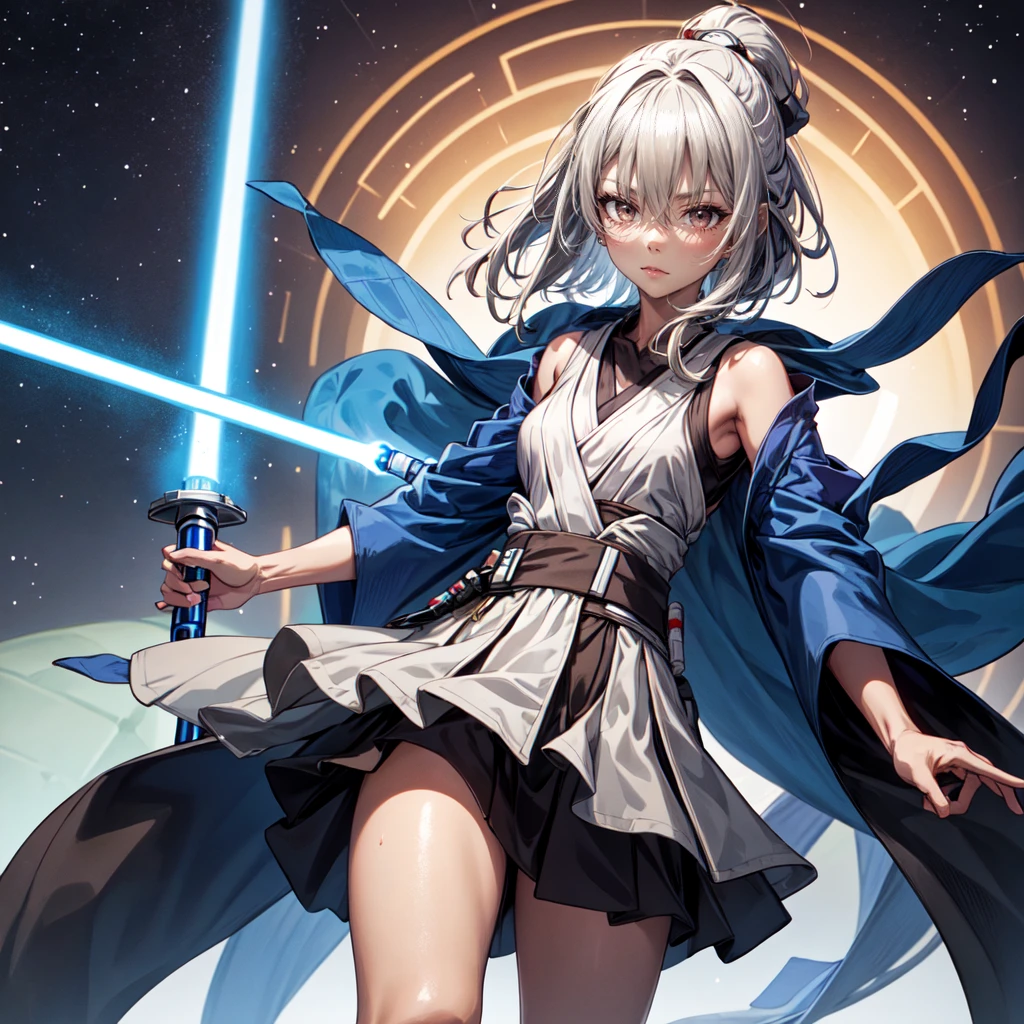  1 girl, Jedi Master holding a lightsaber, Long Skirt,Dark brown skin,Small breasts,solo, STAR WARS,accurate,  anatomically correct , mask, 