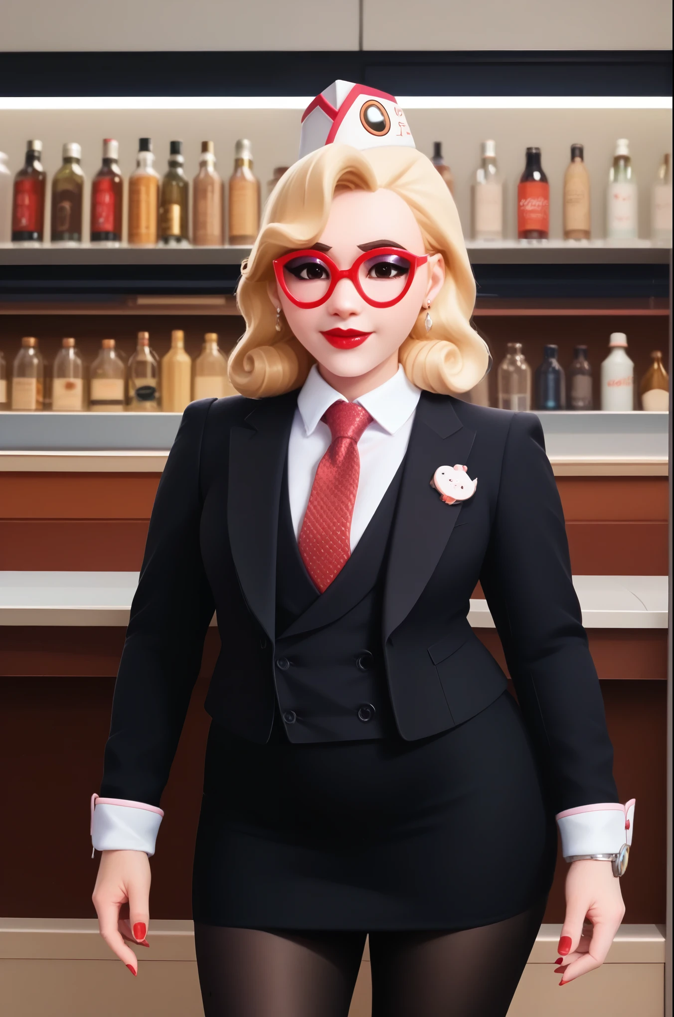 score_9, score_8_up, score_7_up, 1girl, sprinkles mei, mei (overwatch),  three-piece suit, 1girl, solo, blonde hair, glasses, sprinkles mei, smile, pretty, formal, jewelry, white skirt suit, red silk necktie, earrings, jacket, shirt, standing, hand on hip, window, black eyes, watch, jacket, wristwatch, white shirt, red lips, skirt, (((bodycon pencil skirt))), makeup, black pantyhose, cufflinks, black lapel trim, red nails, fully clothed, red lipstick,   in a 50´s restaurant, long sleeves