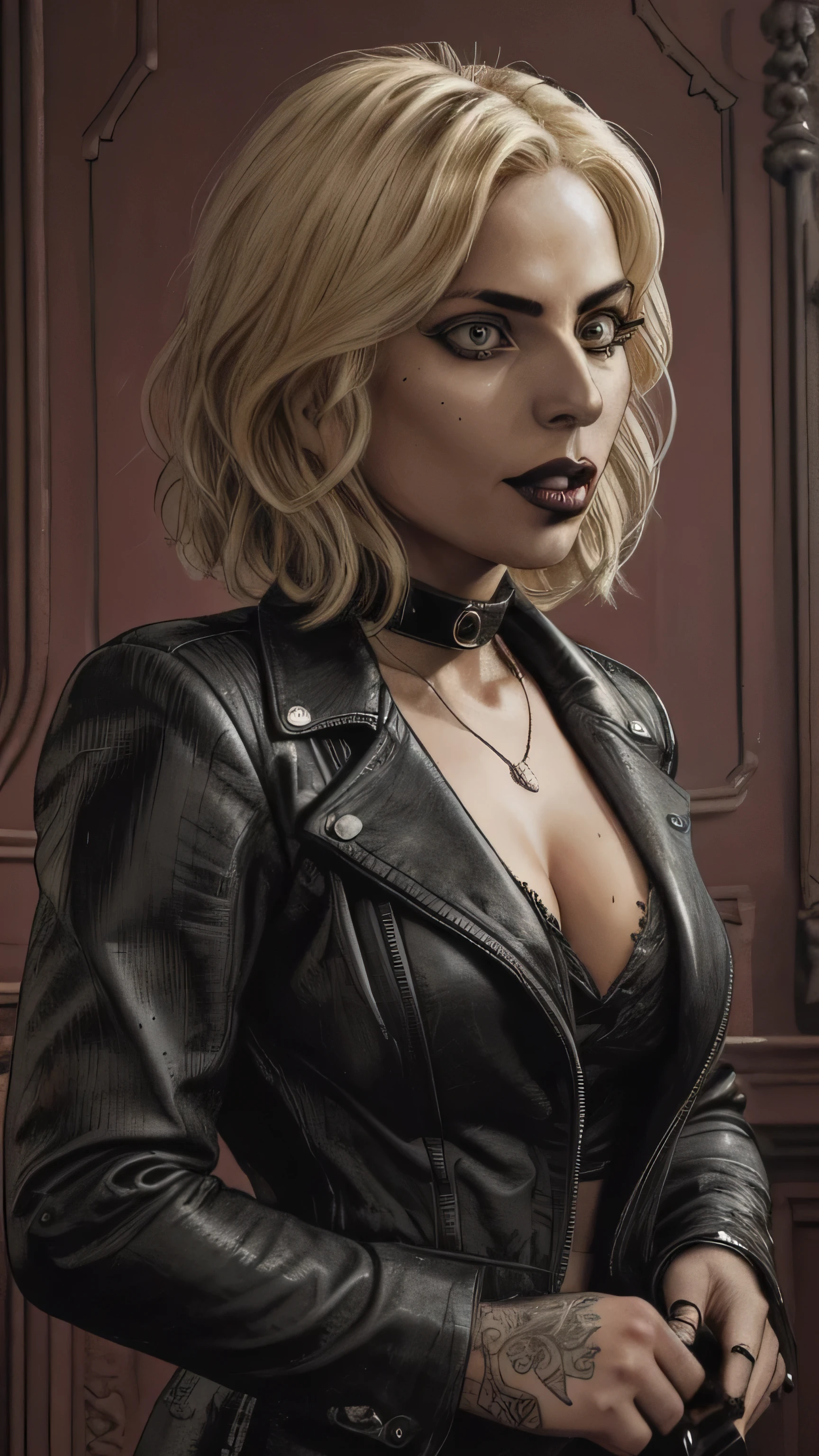 (Lady Gaga) as Tiffany Valentine, angry, black choker, black jacket, black lips, black lipstick, black nail polish, black nails, blonde hair, blood on clothes, boots, breasts, chest tattoo, choker, cigarette, crazy eyes, evil grin, evil smile, eyeshadow, green eyes, grin, horror, leather jacket, Shoulder length short hair, messy hair, necklace, (insanely detailed, beautiful detailed face, masterpiece, best quality), cinematic lighting, 1woman, solo, (full body view), front view, looking at viewer, intricate, high detail, sharp focus, dramatic, photorealistic painting art by greg rutkowski