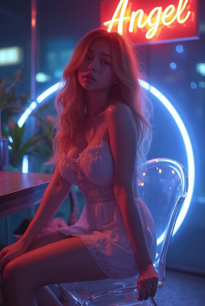 In a futuristic photo studio, a sultry, golden-haired siren sits poised on a glass chair, enveloped by cinematic lighting and mesmerizing LED/neon accents. The sundress hugs her curves as she gazes directly at the camera, exuding sensuality amidst the textured night sky and moonlight backdrop. The 'Angel' sign above her head adds to the allure, while her expressive face, bathed in an atmosphere of ambiguity, beckons the viewer's gaze.