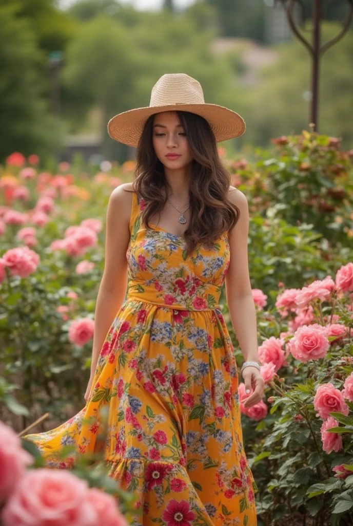 professional photo of tv_Alina_Sanko_M, , , serene expression, wearing an elegant colorful summerdress, walking through an ornate rose garden, noon, summer, colorful butterflies, ((cowboy shot)),, 8k resolution, highres, high detail, sharp focus, detailed skin, 8k uhd, bokeh, analog photography,