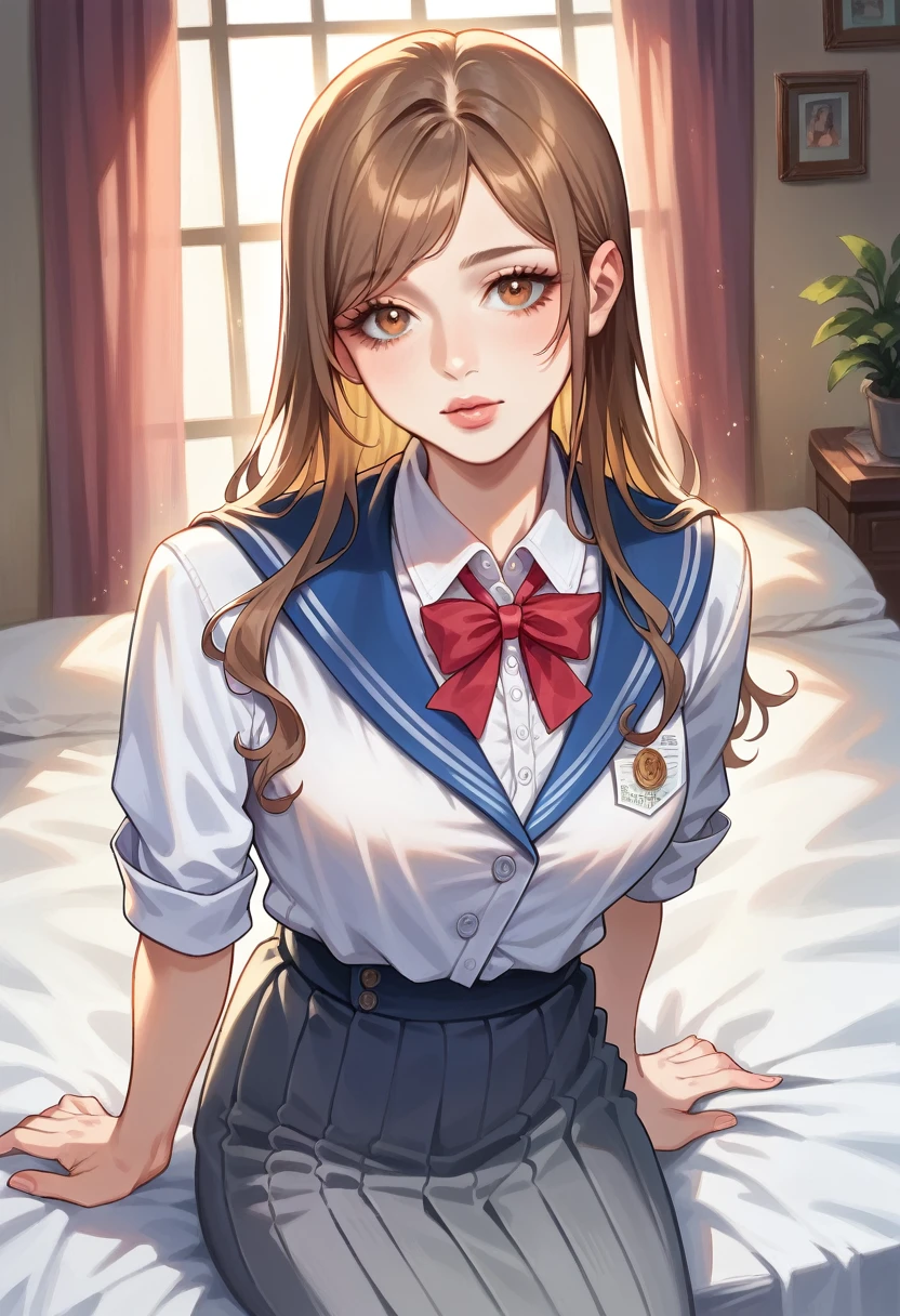 A girl sitting on a bed, beautiful detailed eyes, beautiful detailed lips, extremely detailed eyes and face, long eyelashes, beautiful young girl, beautiful girl, photogenic girl, elegant pose, beautiful expression, dynamic pose, intricate details, delicate features, white blouse, blue sailor collar, red bow, yellow and purple harlequin tie, grey skirt, black pantyhose, brown hair, professional, hyperrealistic, 8k, detailed, cinematic lighting, dramatic colors, vibrant, photo-realistic, intricate details, masterpiece