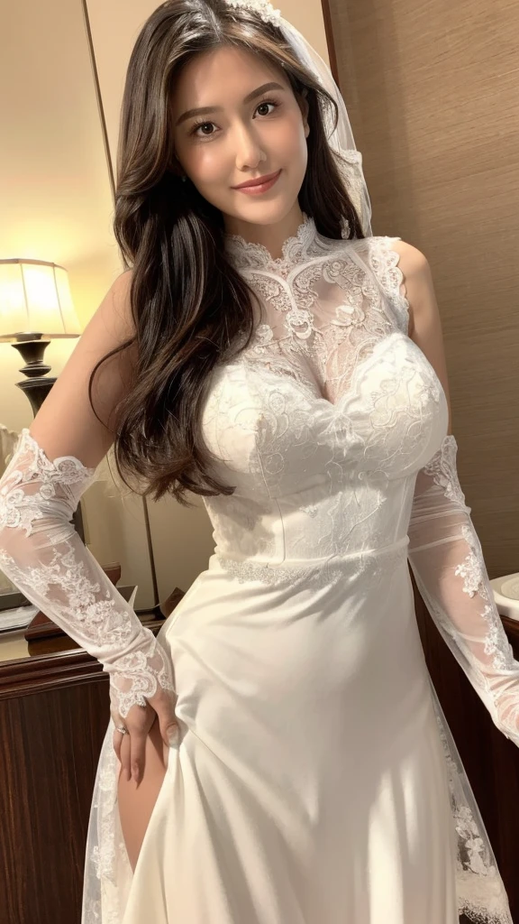 (masterpiece, Best Quality, beautiful、Midea:1.3), Looking at the camera, One Girl, Alone, A light smile, (Long Hair, Light beige hair),  Octane Rendering , Lace neck top, Bridal Veil , lace trim dress, See-through,  wedding dress, (big breast),Outdoor, White Rose, garden, morning, standing,  very detailed, Lace gloves, Delicate Lace 