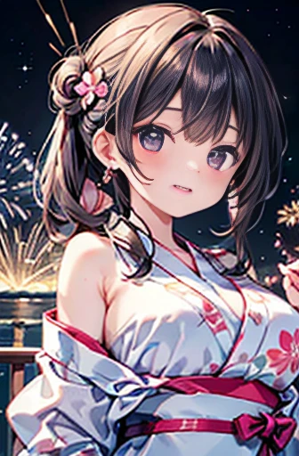Highest quality、High resolution、Detailed Background、(Beautiful face in every detail:1.4)、Anatomically correct、(Detailed facial expressions)、(Detailed eyes:1.2)、(Detailed eyes:1.2)、age Beauty、(Highly detailed face:1.4)、cuteカラーの髪色、well-groomed eyebrows、Jokingly、Big smile、cute仕草をする、Lake Biwa、Fits on one screen、
(Two beautiful people enjoying the fireworks in the background:1.5)、
The yukata is pink、Light blue、We recommend light colors such as pastel colors..、
Floret and stripes、Cute designs such as polka dots、The length is knee-length or slightly longer for a feminine look..、
帯は細めリボン結びがcute浴衣の色に合わせて選ぶ、Geta are delicately designed、Cute floral motif、
Keep accessories to a minimum、Wear earrings and bracelets.、hair accessory, We recommend ribbons and pearls in a color that matches your yukata..、The key is to create a cute hairstyle, Buns, half-up hairstyles, etc..、Natural makeup is recommended to match the atmosphere of the yukata..、We recommend sandals or flat wooden clogs..、
Lake Biwa Fireworks Festival、one of japan'Japan's leading fireworks festival held in Otsu City, Shiga Prefecture、Lake Biwaの水面を舞台に花火が打ち上げられます、
The view of the fireworks reflected on the lake surface is spectacular and it is a popular viewing spot..、cute