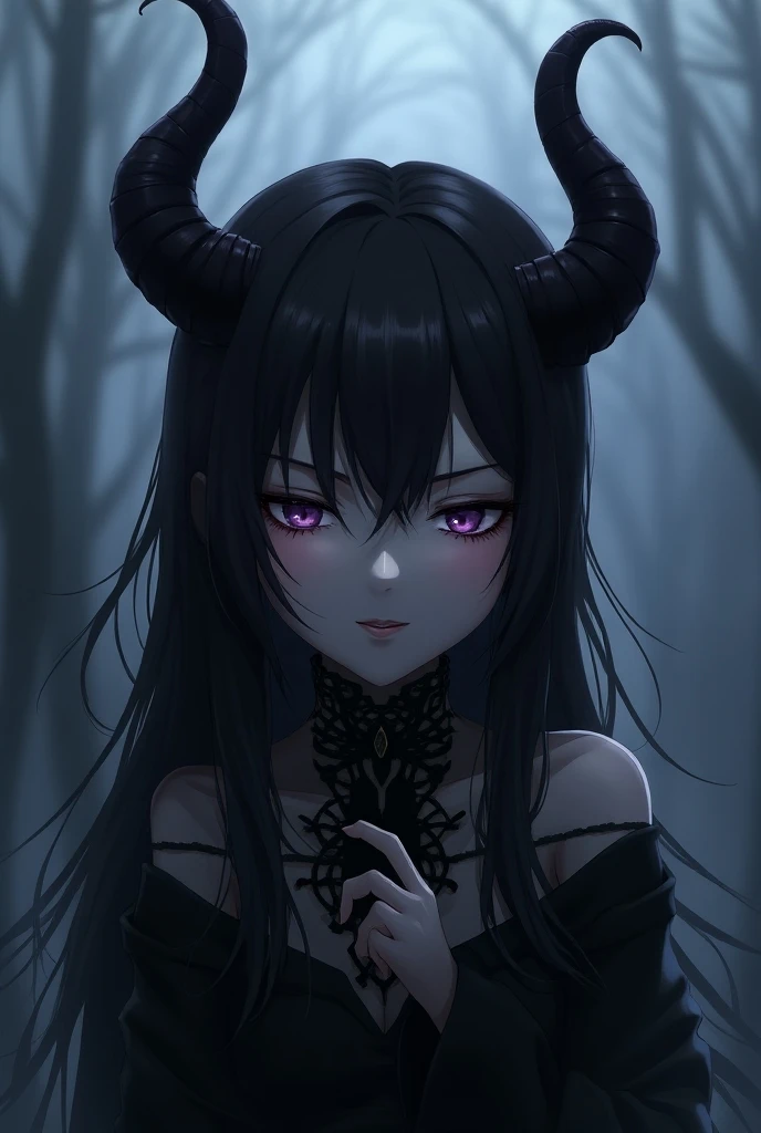 crossed arms, full moon, night, stars, black hair, blindfold, horns, portrait, indoors, building, garden, trees, bare shoulders