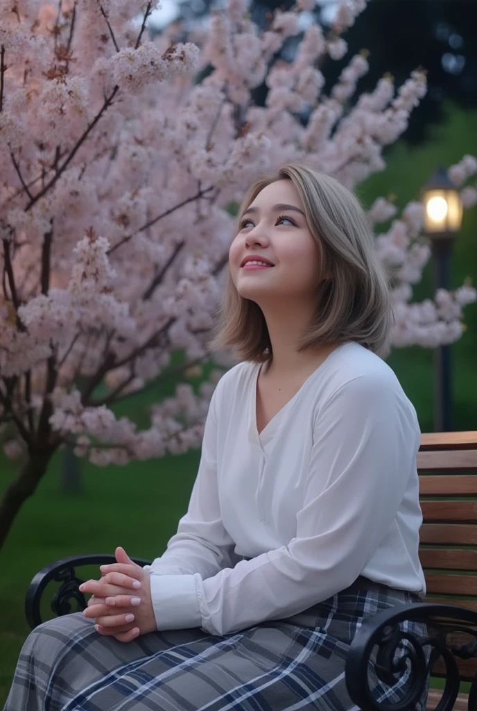 Night time,Dark,  Korean girl, gray plaid wavy skirt, pink brush , 8K, Park, white shirt, wolf hair, Doble layer hair dye, first layer are white, second layer are white, Looking up to see the cherry blossoms, pale solid colour background, cuff, up right pose, static pose, center composition, Sit on the estetic bench,estetic Garden lamp, Flowers, pets, others people,smile