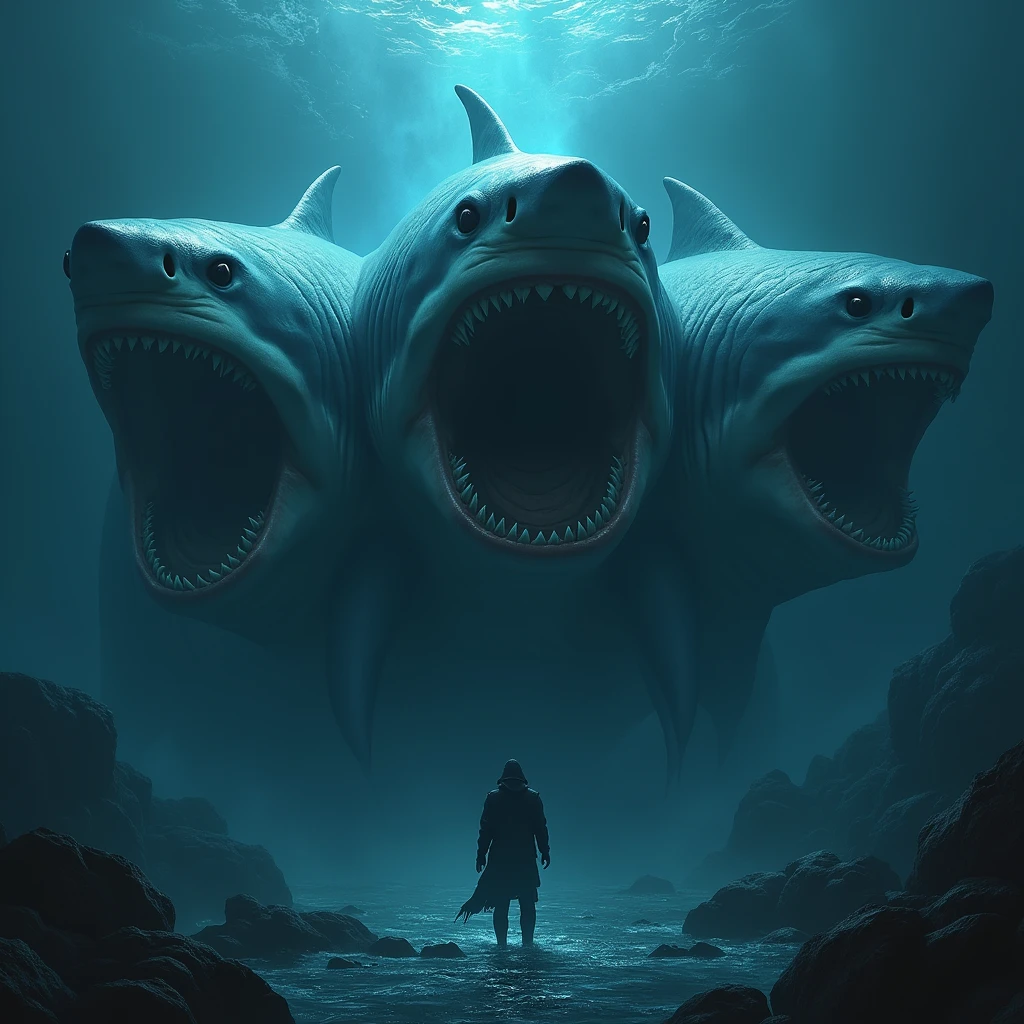 Big three-headed shark in the deep sea - SeaArt AI