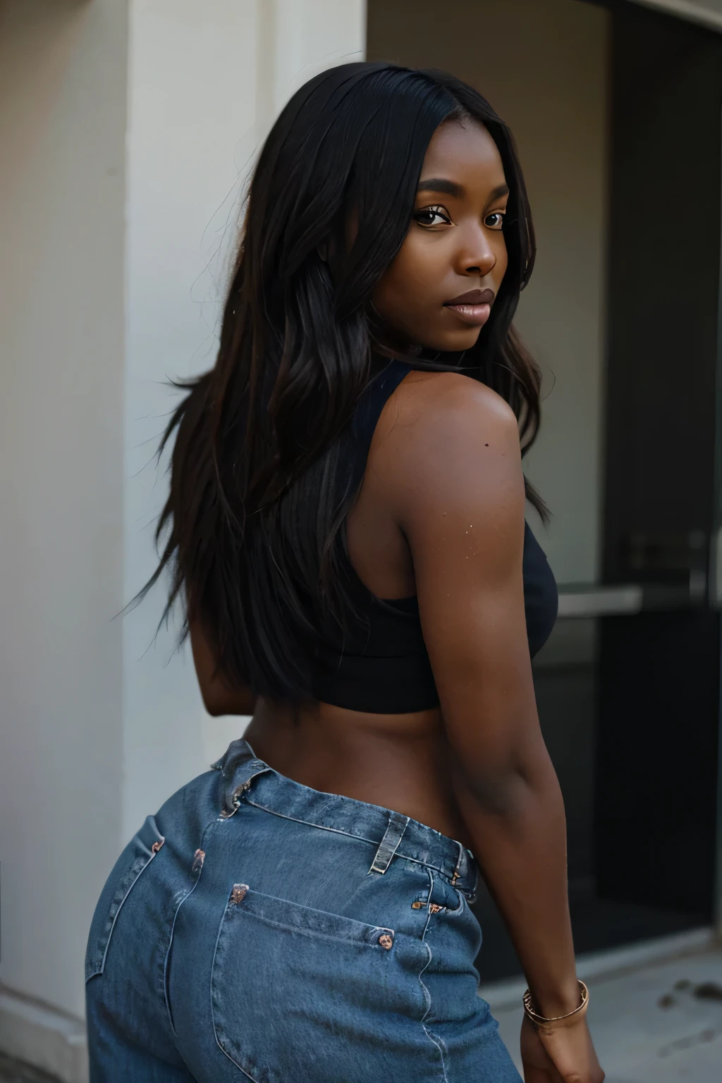 uma jovem garota, Linda modelo de 26 anos, regata branca e short jeans pequeno , sorriso, flirts with the camera, ((ebony skin)), ((seios gigantescos)), corpo todo, ((Corpo fino)), (((mulher alta:1.5)), Butt-length curly hair, (((cabelo grande ondulado))), Rosto quadrado, small noise and small lips, Bust closest to the camera, ass, strong muscle, Hard muscle definition,