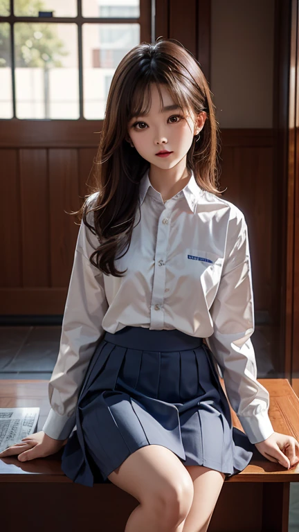 25 year old woman,, ((in the classroom)), ((school uniform)), RAW photo, (Photorealistic:1.37, realistic), highly detailed CG integrated 8K wallpapers, 1girl, ((Perfect Body:1.1)), (Medium breasts:1.2), Viewer View, (((straight from the front))), (HQ Skin:1.2, shiny skin), 8K UHD, DSLR, Soft Lighting, High Quality, Film Grain, Fujifilm XT3, ((Full Body:0.8)), (Professional Lighting:1.4) ,